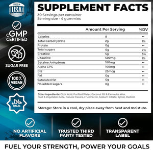 Creatine Monohydrate Gummies 5000mg ? Advanced Muscle &amp Focus Blend with Alpha GPC B12 &amp Taurine ? Vegan Sugar-Free Blueberry &amp Raspberry Flavors ? Made in USA 120 Gummies (30 Servings