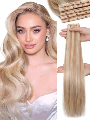 WIGNEE Butterfly Human Hair Extensions Strawberry Highlight Blonde Hair Extensions Real Human Hair 18 Inch Genius Double Weft Human Hair Extensions Glueless and Seamless for Thin hair(18/60A)