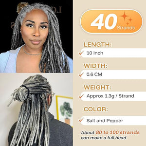10 inch 40 Strands Loc Extensions Human Hair, 0.6cm Width Real Human Hair Dreadlocks Extensions for Man/Women Full Handmade Dreads Can be Dyed(Salt and Pepper)
