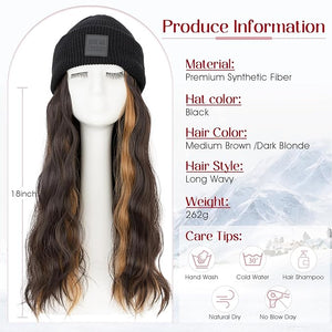 S-noilite Beanie Wig Hair Extensions18 Inch Long Wavy Hair Extensions with Knitted Hat Hairpieces for Women Winter Medium Brown with Dark Blonde