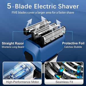 Electric Razor for Men 2-Speed 5-Blade Electric Shavers for Men Face Cordless Rechargeable Mens Foil Shaver Shaving Machine Wet Dry Men's Travel Razors for Man Close Shaving Face as Gift Blue