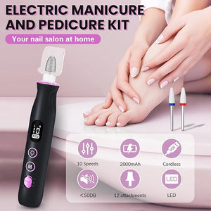 Electric Nail Drill Cordless 2000 mAh Rechargeable Portable Nail File 12 in 1 Kit for Thick Toenails 10 Speeds Nail Dril Machine Professional Manicure Pedicure for Hand Natural Nails Care (Black)
