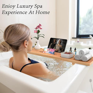 Bathtub Tray for Freestanding Bath Solid Pine Wood Bath Tray for Tub Bath Caddy for Home Spa Adjustable Bathtub Trays for Tub with Bathtub Accessories Holders Patent Design 35x9