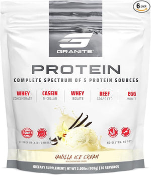 Granite Nutrition Protein Powder - Premium 5-Source Blend (Whey Casein Egg Grass-Fed Beef) for Lean Muscle and Recovery - Vanilla Ice Cream 30 Servings
