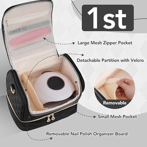 Nail Polish Organizer Case Double Layer Nail Storage Bag for 24 Bottles and UV/LED Lamp Portable Manicure Travel Case for Home Salon and Vacation Black