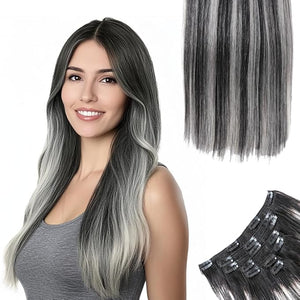 SIYUSI Straight Clip In Hair Extensions Luxurious Thickness Premium Brazilian Remy Hair Clip Ins Invisible &amp Scalp-Friendly Grey 4.23oz (16 Inch-7Pcs)