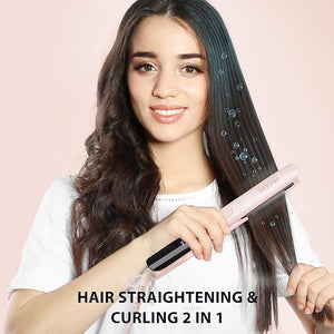 ANGENIL Pro Round Pink Dual Voltage Hair Straightener Irons Titanium Flat Iron Hair Straightener and Curler 2 in 1 with Heat Resistant Silicone Mat Smoothness Large LCD Display 20S Fast Heat Up
