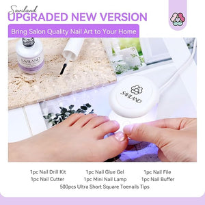 SAVILAND Toe Nail Tips and Glue Gel Kit - Gel Nail X Kit for Toes Poly Press On Toes Nails Kit with Nail Drill 500 Pcs Fake Toenails Tips with Nail Glue Acrylic Nail Kit Nail Lamp Salon At Home Gift