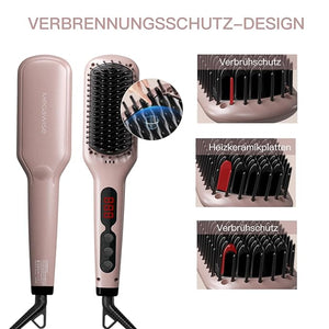 Updated 2025 MEGAWISE Hair Straightener Ceramic Brush  Anti-Scald Dual Voltage Flat Iron Hot Brush | Rotatable Cord |Auto Shutoff | Anti-frizz |for All Hair Types (Pink)