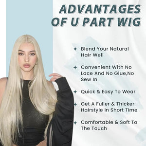 RUNATURE Blonde U Part Wig Human Hair Real U Part Human Hair Wig Straight Remy Natural Hair Clip in Half Wigs Glueless U Shape Hair Thick Ends 14 Inch 150% Density #60 Platinum Blonde