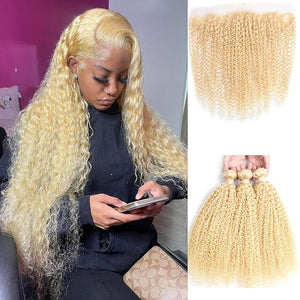 613 Blonde Kinky Curly 3 Bundles with Frontal Closure Ear to Ear Brazilian Blonde Curly Bundles with Frontal with Baby Hair Can Be Dyed PT.Venus (22 24 26+20inch, 613 curly)