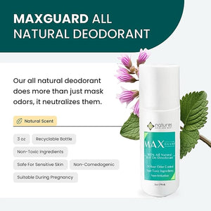 MaxGuard All-Natural Deodorant for Men &amp Women | 24-Hour Odor Protection | Aluminum-Free Baking Soda-Free | Roll-On | Non-stain Non-irritating Formula | Healthier Long-Lasting Freshness | 3oz