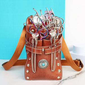 Hairstylist Waist Bag 7-Slot PU Leather Barber Scissors Tool Bag Shear Holder Detachable Hair Cutting Organizer for Combs Clippers and Spray Bottles (Coffee)