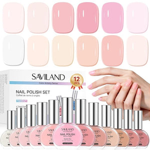 SAVILAND Color Artistry Nail Polish Set: 12 Colors Sheer White Nudes Pink Nail Polish Air Quick Dry Fingernail Polish 12-Free Nail Lacquer DIY Manicure Gift for Girls Women