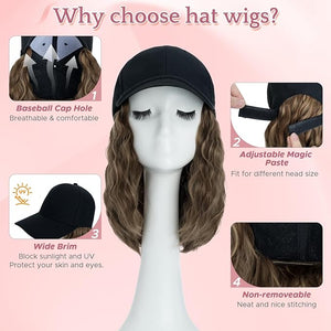 SEGO Hat Wig Hat with Hair Attached for Women Black Baseball Cap with Hair Extensions Short Curly Baseball Cap Wig Adjustable Hats for Daily Party 8 Inch #10P22T Medium Brown Mix Dark Blonde