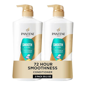 Pantene Conditioner Smooth and Sleek - Frizz Control with Antioxidants Nourishing for All Hair Types - Curly Dry Color-Treated 25.1 Oz Each 2-Pack + Miracle Rescue Shot (0.5 Oz)