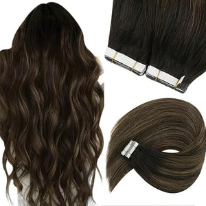 Sunny Hair Tape in Hair Extensions Real Human Hair Invisible Remy Hair Extensions Tape ins for Women Darker Brown Root to Medium Brown Balayage 20 inch 20Pcs 50G