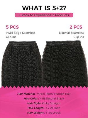 Lashey Invisi Edge &amp Seamless Clip in Hair Extensions Human Hair 18 Inch 110g 7pcs(5pcs Invisi Edge&amp 2pcs Seamless) Real Virgin Human Hair Extensions Natural Black Kinky Straight Hair