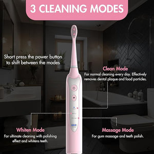 Sonic Electric Toothbrush for Adults with 5 Toothbrush Replacement Heads 3 Brushing Modes &amp 2 Minutes Built-in Timer Travel Toothbrushes with Inductive Charging Rechargeable toothbrush | Pink