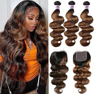 UNICE Brown Highlight Body Wave Human Hair 3 Bundles with 4x4 lace closure Free Part, Brazilian Remy Hair Ombre Human Hair Wavy Weaves FB30 Color 22 24 24+20 Closure