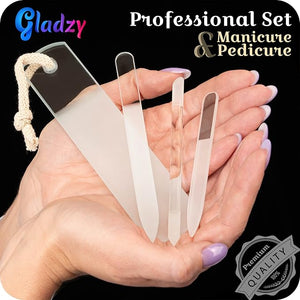 GLADZY Czech Glass Nail File Set - Multifunctional Nail Shiner Buffer Callus Remover Foot Rasp Glass Cuticle Pusher Manicure Stick Etched Surface Professional Nail Care Tool Made in EU