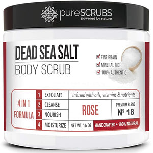 pureSCRUBS Premium Rose Body Scrub Set - Large 16oz Dead Sea Salt Body Scrub With Infused Essential Oils &amp Nutrients Includes Wooden Spoon Loofah &amp Oatmeal Exfoliating Bar Soap