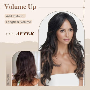 Highlight Brown Mix Black Wig for Women Long Layered Wavy with Curtain Bangs Synthetic Wig Highlight Honey Brown Wavy Layered Natural Body Wave Shaggy Hair for Black and White Women 24inch