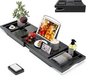 Bamboo Bathtub Caddy Tray Expandable for Luxury Bath Bath Accessories &amp Table with Wine Glass Holder Book Stand Bathroom Organizer with Extending Sides for Men/WomenBlack