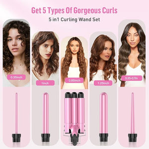 Waver Curling Iron Wand - BESTOPE PRO 5 in 1 Curling Wand Set with 3 Barrel Hair Crimper for Women Fast Heating Crimper Wand Curler in All Hair Type Women Gifts - Pink