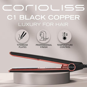 Corioliss C1 Flat Iron Hair Straightener Professional Titanium Plates Temperature Control Travel Case (Black Soft Touch Copper)