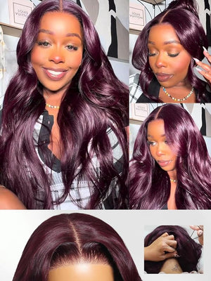 Nadula Bye Bye Knots Glueless Black Cherry Loose Body Wave Drawstring Wigs Human Hair with with Face Framing Bangs Pre Cut 7X5 HD Lace Front Wigs Pre Plucked Ready to Wear Wig 180% Density 16inch