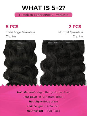 Lashey Invisi Edge &amp Seamless Clip in Hair Extensions Human Hair 16 Inch 110g 7pcs(5pcs Invisi Edge&amp 2pcs Seamless) Real Virgin Human Hair Extensions Natural Black Body Wave Hair