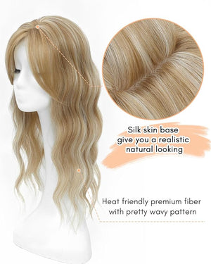 UDU 20" Wavy Ombre Highlight Synthetic Hair Topper for Women with Thinning Hair with Fringe Bang Adds Volume Change Hairstyle