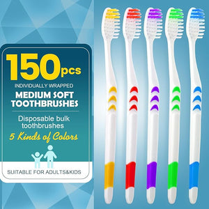 Navona 150 PCS Individually Wrapped Bulk Toothbrush Pack Disposable Soft Bristle for Adult or Kid Ergonomic Handle Perfect for Travel Hotel Donation