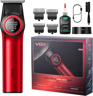 VGR 977 Professional Hair Trimmer Hair Clippers for Men 8000rpm T-Blade Trimmer Zero Gapped Cordless Barber Clippers Rechargeable Edgers Clippers with LED Display(Red)