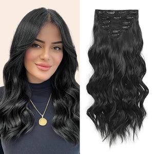 Synthetic Clip in Hair Extensions 6 PCS 1 6 Inch Hair Extensions Clip Ins Black Long Wavy Hairpieces(16inch 6pcs Black)