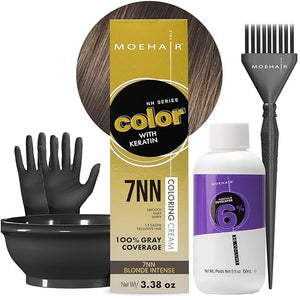 MOEHAIR Hair Coloring Kit | 7NN Permanent Hair Color (Blonde Intense) 20 Volume Developer 6% Coloring Brush Gloves &amp Mixing Bowl | Keratin Infused Color | Gray Coverage | Adds Shines &amp Soft