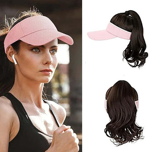 Visor Hat Wig for Women Baseball Cap Wig With Curly Synthetic Hair Extensions Ponytail Cap Wig Sun Hat With Hair Wig