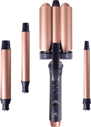 Sutra 4-in-1 Hair Curling Iron Set with Tourmaline Infused Ceramic Barrels - Professional Curling Wand Tool for Women with Clipless Curlers &amp Triple Barrel Waver - Styling Products for All Hair Ty