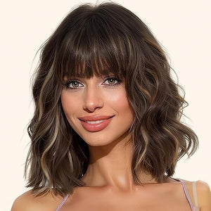 AISI HAIR Synthetic Curly Bob Wig with Bangs Natural Brown with Blonde Highlight Short Wavy Hair for Women Natural Looking Heat Resistant Bob Wigs