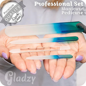 GLADZY Genuine Czech Glass Nail File Set - Callus Remover Foot Rasp Cuticle Pusher Manicure Stick Double Sided Etched Different Grit Surface Professional Nail Care Tool Made in EU