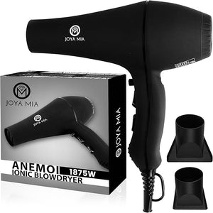 JOYA MIA Anemoi 1875W Ceramic Hair Dryer with Attachments - Lightweight &amp Portable for Women 3 Heat/2 Speed Settings with Cool Shot Ideal for Fine Curly Frizz-Prone Hair Salon Like Blowdryer - Bla