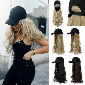 Baseball Hat WigHat with Hair attached 24'' Adjustable Black Cap with Long Wavy Synthetic Hair Extensions for Women Girls(Ash Blonde Mix Bleach Blonde)