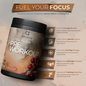Antidote Clean Pre-Workout Powder - Natural Energy &amp Focus Booster with Beetroot Creatine &amp Beta-Alanine - No Artificial Additives - Vegan Keto-Friendly Supplement - Wild Cherry - 20 Serving