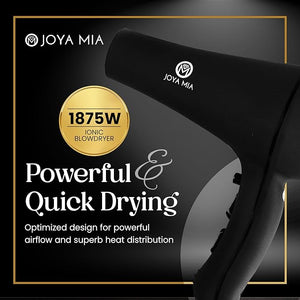 JOYA MIA Anemoi 1875W Ceramic Hair Dryer with Attachments - Lightweight &amp Portable for Women 3 Heat/2 Speed Settings with Cool Shot Ideal for Fine Curly Frizz-Prone Hair Salon Like Blowdryer - Bla