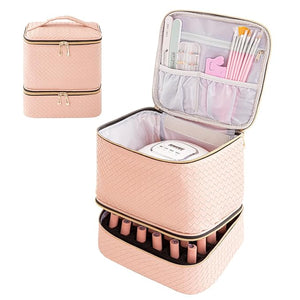 Portable Nail Polish Storage Bag with UV Light Case - Holds 30 Bottles and 1 UV LED Nail Lamp, Double-Layers Nail Dryer Case for Gel Nail Polish Kit, Nail Art Decorations (Woven Pink)