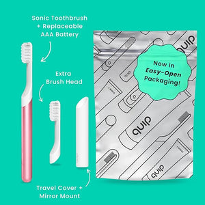 Quip Sonic Toothbrush for Adults with Timer - Includes Extra Brush Head and Travel Cover Mount - Electric Soft Bristle Refill Head Metal Handle 3 Month Battery Life - Travel Toothbrush - Pink