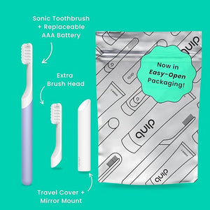 quip Sonic Toothbrush for Adults with Timer - Includes Extra Brush Head and Travel Cover Mount - Electric Soft Bristle Refill Head Plastic Handle 3 Month Battery Life - Travel Toothbrush - Lavender