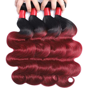 Ombre Human Hair Bundles 1b/99j Two Tone Brazilian Virgin Body Wave Human Hair Ombre 3 Bundles 10 12 14inch Weaves Extensions for Women 100% Unprocessed Bundles