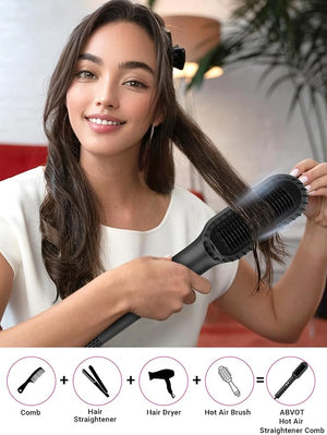 Hair Straightener Brush with Air Vents ABVOT All in 1 Hot Air Straightening Comb for Black Women Dual Voltage Auto Shut Off Anti Scald Shell Fast Heat Up for Curly Hair | Black